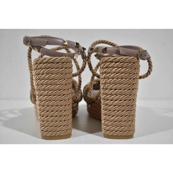 Valentino Rockstud Torchon Poudre Nude Cord Rope Wedge Ankle Strap Sandal 41 - Picture 10 of 11